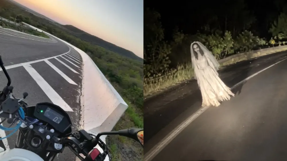 Noiva Fantasma e a curva da Serra de Maracaju. (Imagens: Reprodução, Google Maps e imagem ilustrativa gerada por IA)
